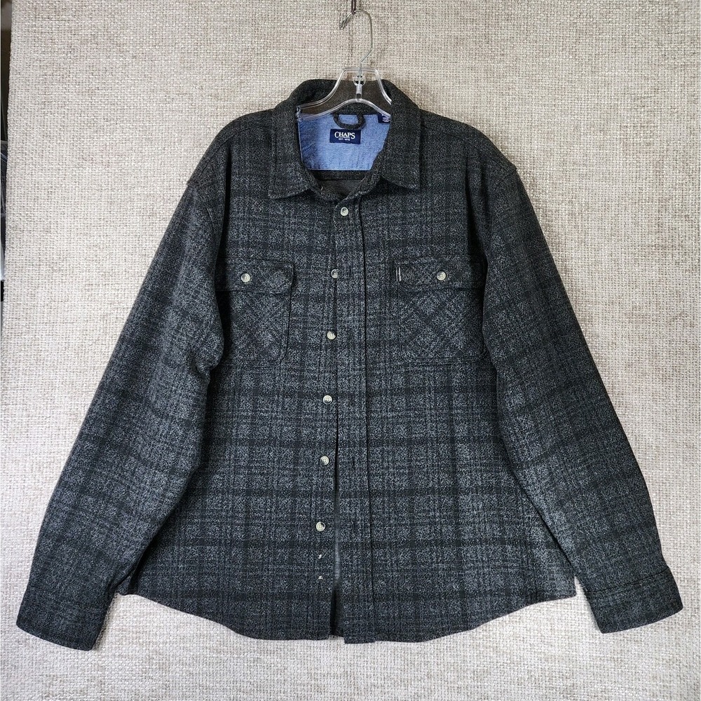 Chaps Flannel Shirt Mens XL Gray Black Plaid Long Sleeve Button Up Casual